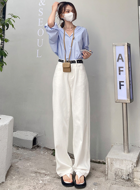 KRO高腰阔腿牛仔裤女2023新款百搭小个子直筒宽松日系白色拖地裤