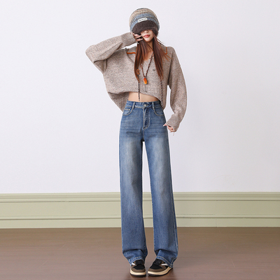 KRO复古加绒高腰直筒牛仔裤
