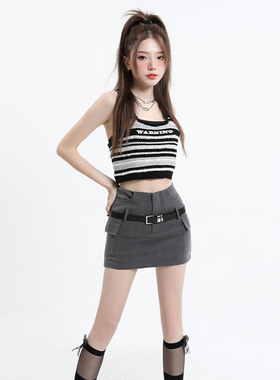 KRO灰色西装短裙千禧辣妹时髦潮流半身裙腰带设计百搭气质包臀裙