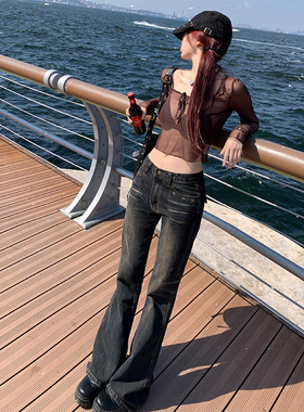 KRO美式复古低腰微喇叭牛仔裤女2025新款显瘦高街辣妹阔腿拖地裤