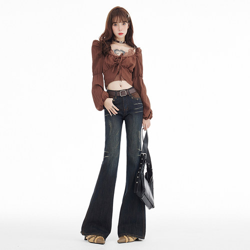 KRO微喇叭牛仔裤猫须磨破低腰