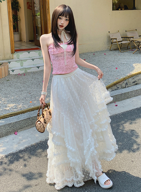 KRO新款甜美温柔风高腰碎花蕾丝花边半身裙显瘦A字白色蛋糕蓬蓬裙