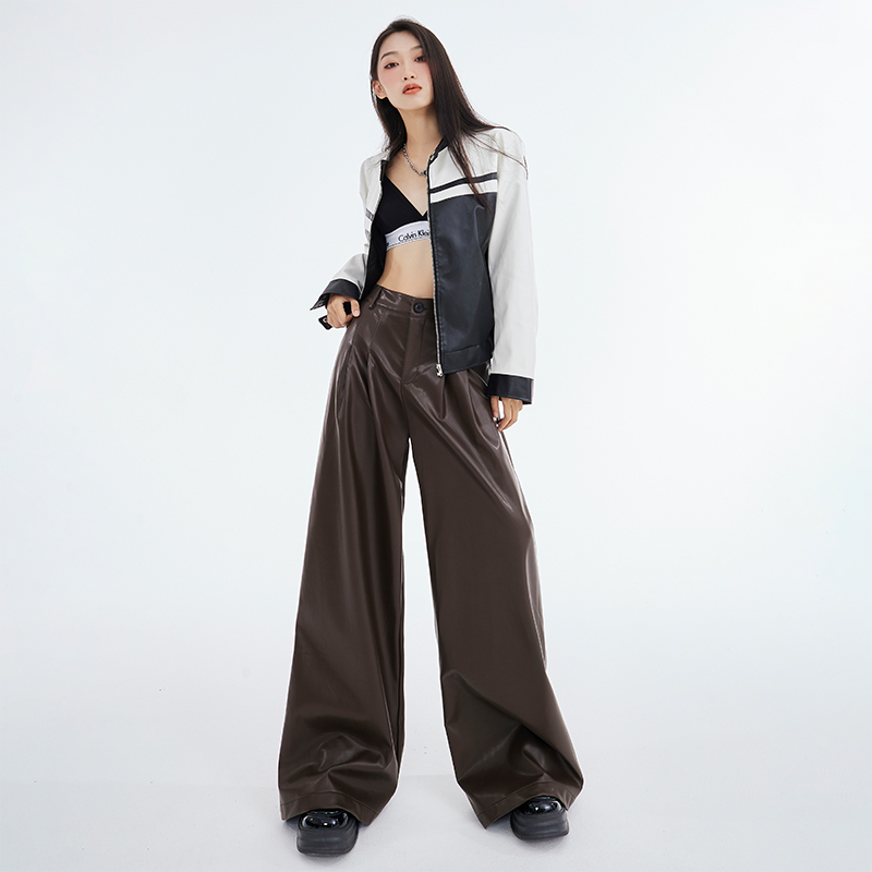 KRO美式辣妹阔腿皮裤宽松显瘦