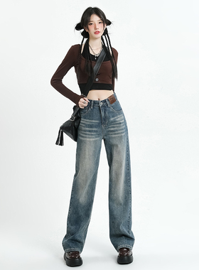 KRO复古做旧水洗高腰直筒牛仔裤女2025春夏新款显瘦宽松阔腿长裤