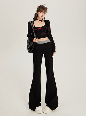 KRO秋冬加绒复古辣妹修身显瘦弹力喇叭裤百搭秋冬拼接休闲裤女