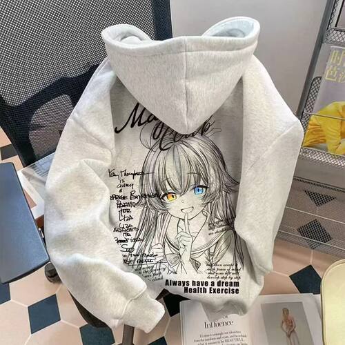 日系动漫少女手绘印花加绒连帽卫衣男女童宽松秋冬学生保暖外套