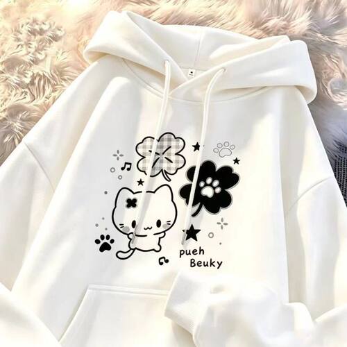 男女童秋冬日系猫咪连帽卫衣中大童可爱初中生慵懒风加绒帽衫上衣