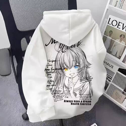 日系动漫少女手绘印花加绒连帽卫衣男女童宽松秋冬学生保暖外套