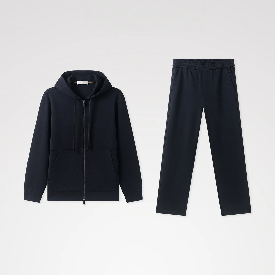 言森L*P混纺极简结构拼接休闲连帽夹克针织套装 1722