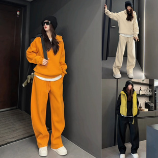 炎炎服饰 冬季双面绒套装男女同款百搭纯色半拉链连帽卫衣弯刀裤