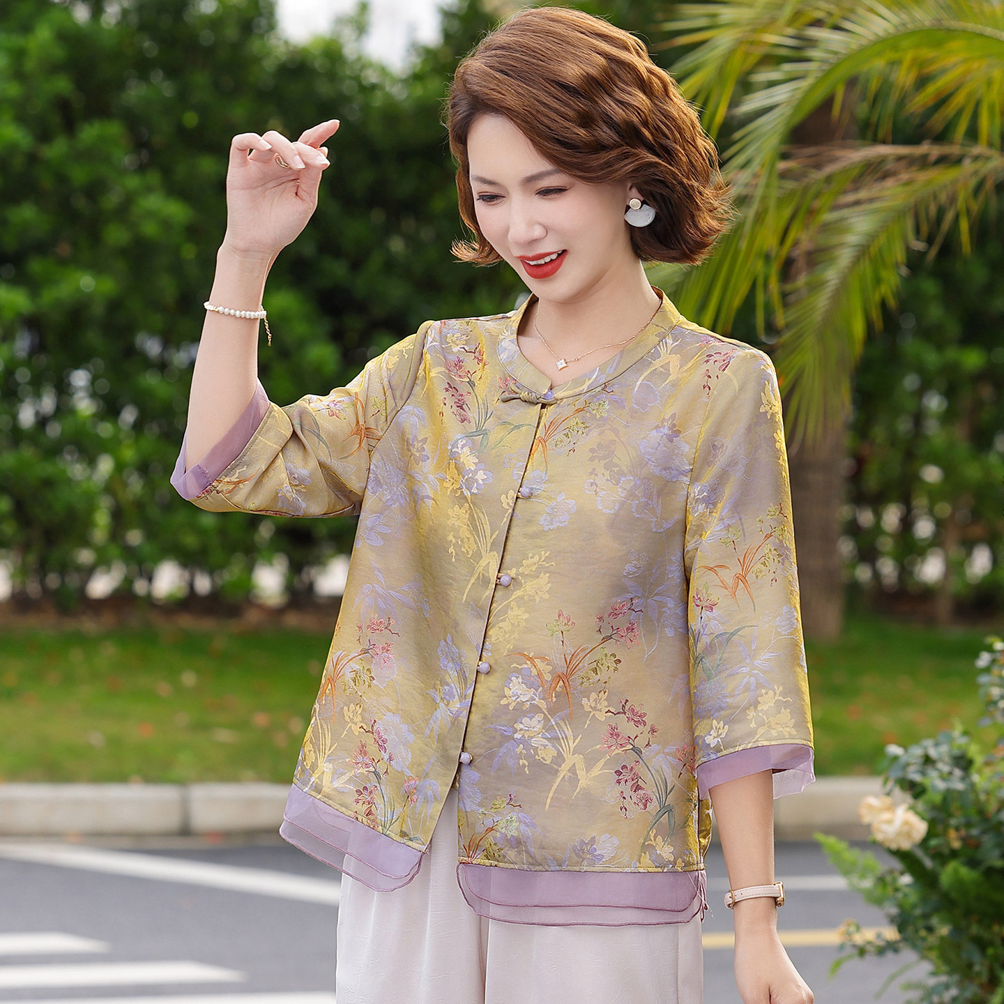 Romon Brand Mom's Summer Casual Shirt Suit, Middle-Aged and Elderly Women's New Summer Loose Chinese Style Top Suit