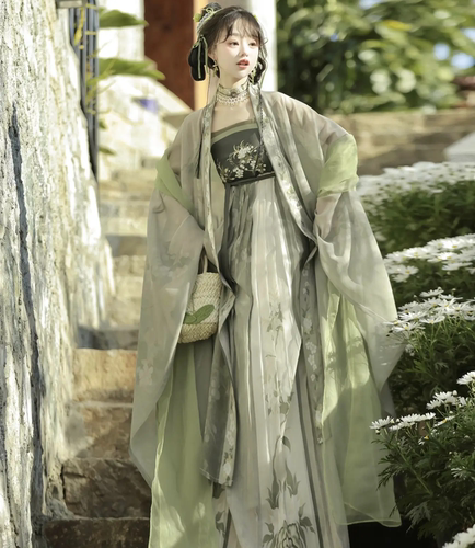 原创汉服女【夏知意】唐制刺绣齐胸诃子裙大袖衫绿色古风套装夏款