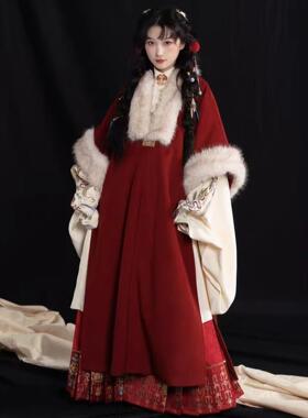原创汉服女【芷蘅间-长日灯明】国风红色汉元素红色裘衣套装冬款