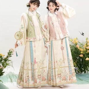 原创汉服女【花盈】明制加绒比甲立领琵琶袖里衣马面裙套装冬季款