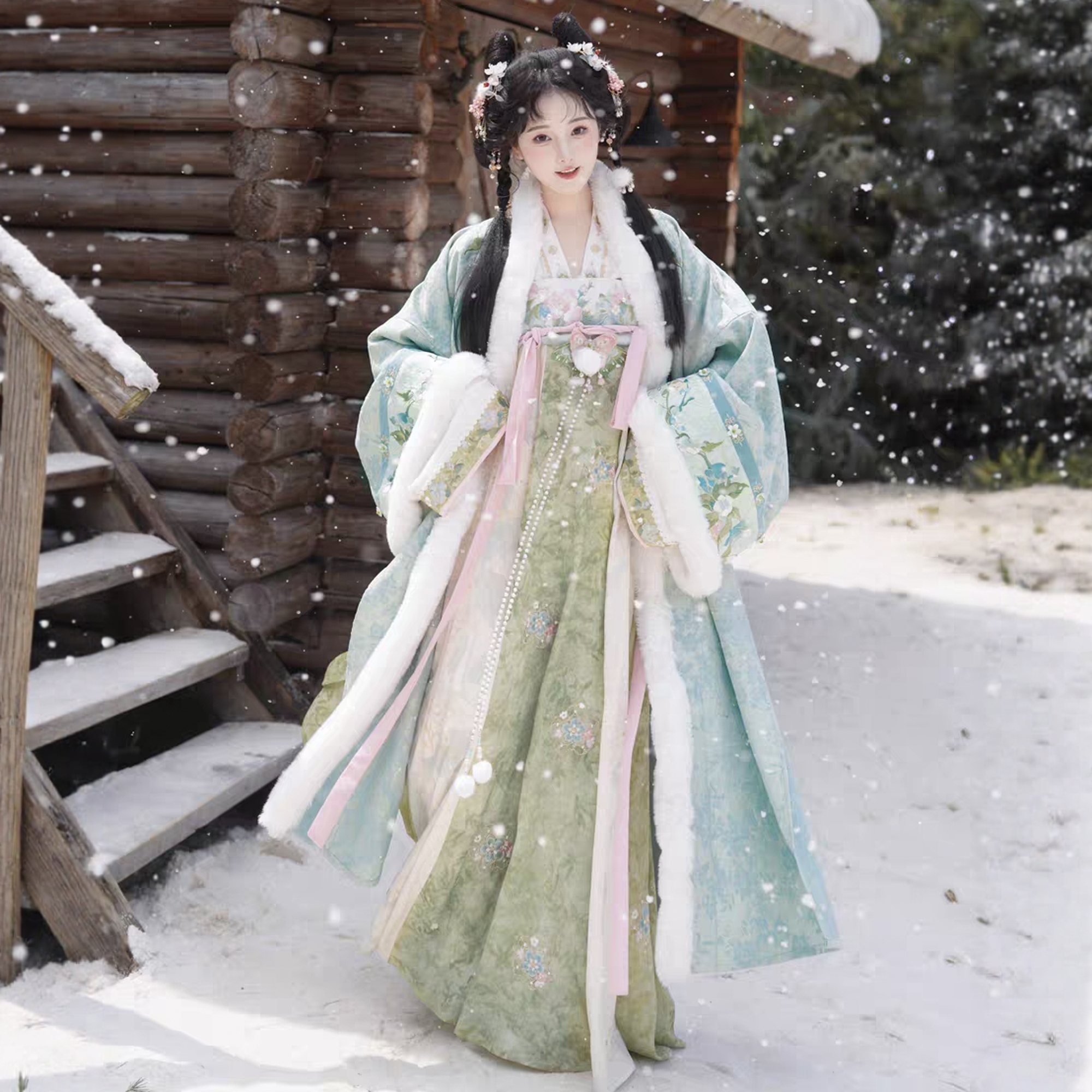 原创汉服女【静还决-芸台青木】唐制加绒重工大袖衫齐胸套装冬款