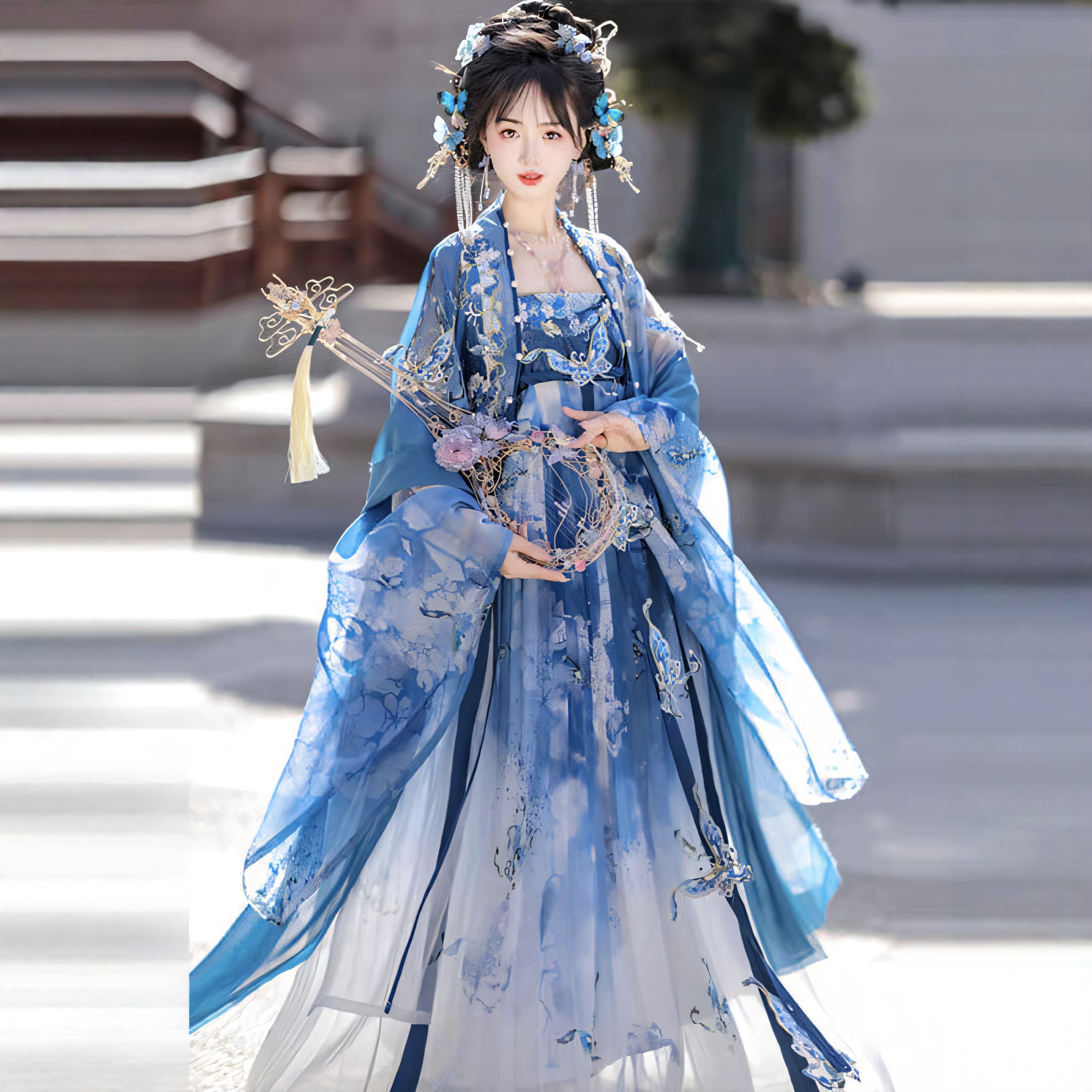 原创汉服女【瓷碟美人】唐制重工刺绣诃子裙大袖衫蓝色套装春季款