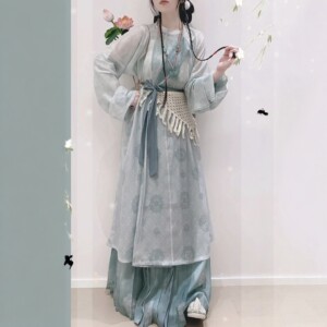 原创汉服女【清洛】唐制复原款圆领袍吊带齐腰裙轻薄蓝色套装夏款