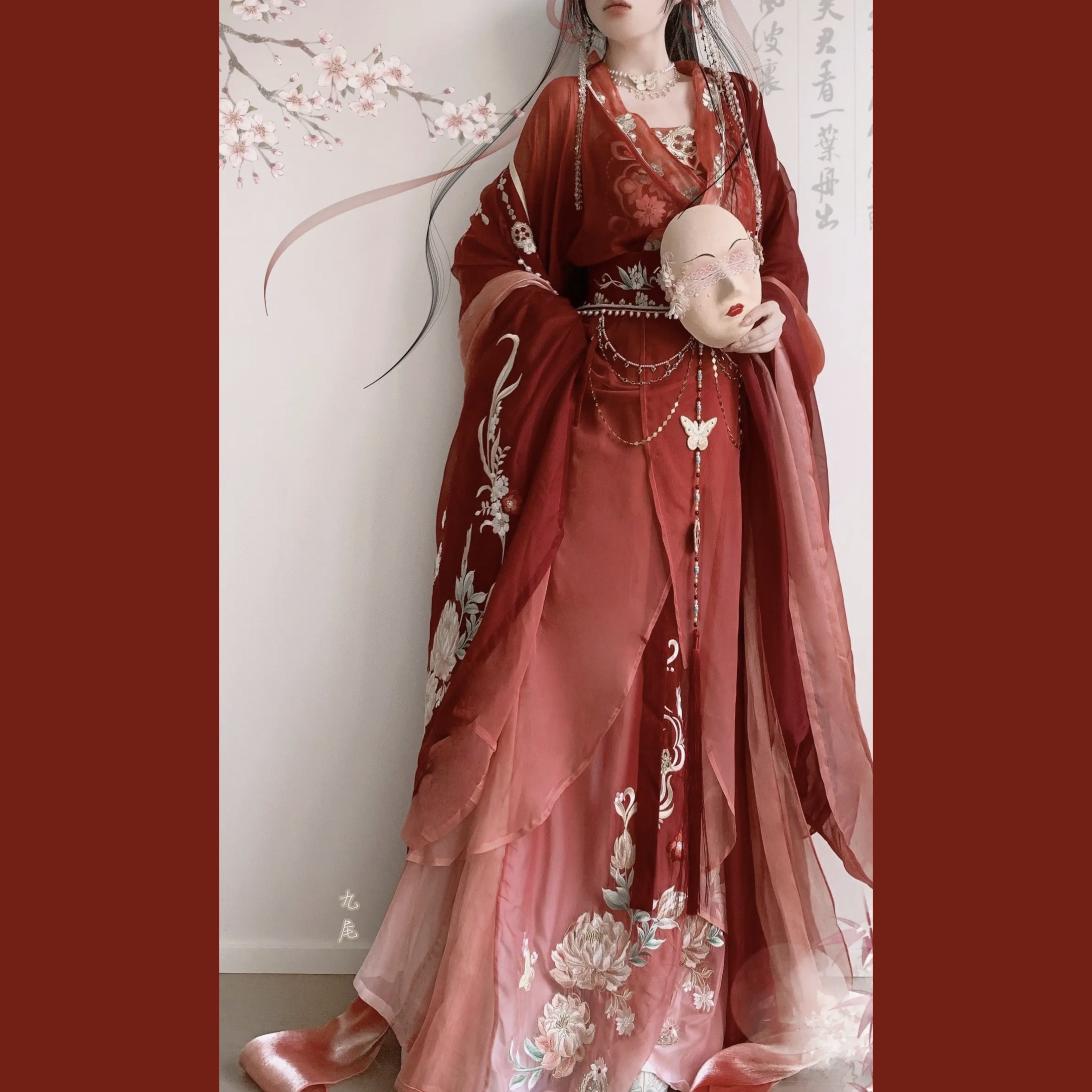 原创汉服女【芙蓉花】十二花神重工刺绣大袖衫八破裙红色套装春款