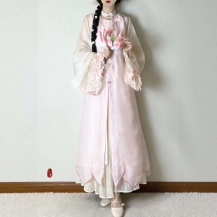 原创汉服女【七月夕-芙蕖】明制改良长比甲对襟立领长衫粉色套装
