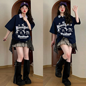 胖mm大码 上衣ins潮 t恤女设计感小众宽松半袖 美式 复古趣味刺绣短袖