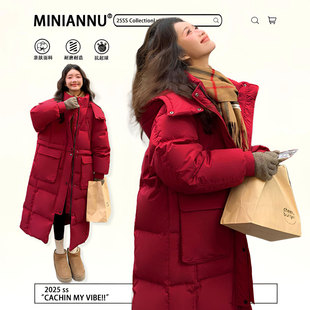 外套女2025新款 胖mm红色过膝长款 冬圣诞穿搭加厚保暖棉服 女装 大码
