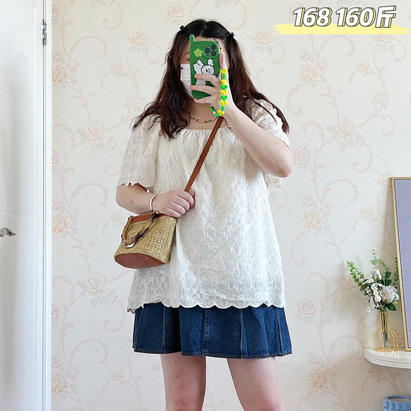大码胖mm宽松遮肉减龄蕾丝衫白色短袖衬衫女夏季洋气百搭方领上衣