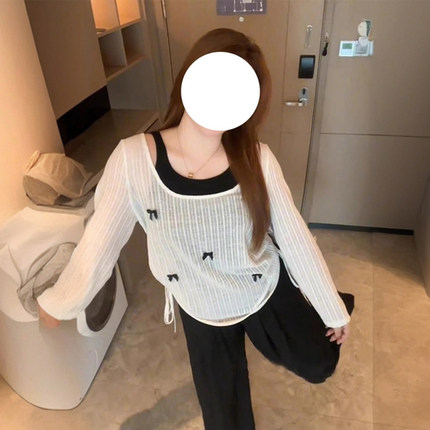 300斤大码女装设计感吊带针织衫假两件套女胖mm叠穿百搭防晒上衣
