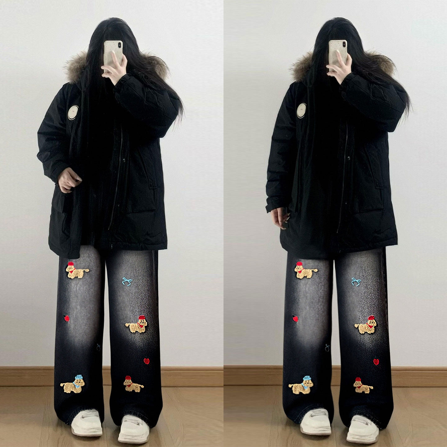 大码女装卡通刺绣减龄黑色牛仔裤女秋冬胖mm高腰显瘦宽松阔腿裤子,女装/女士精品,大码裤装,淘宝优惠券,粉丝福利购,淘宝优惠卷