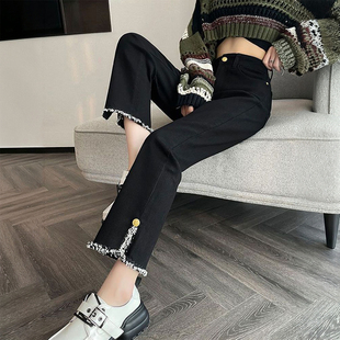 高街辣妹风毛边微喇裤 大码 女春季 胖mm高腰弹力显瘦九分牛仔裤 女装