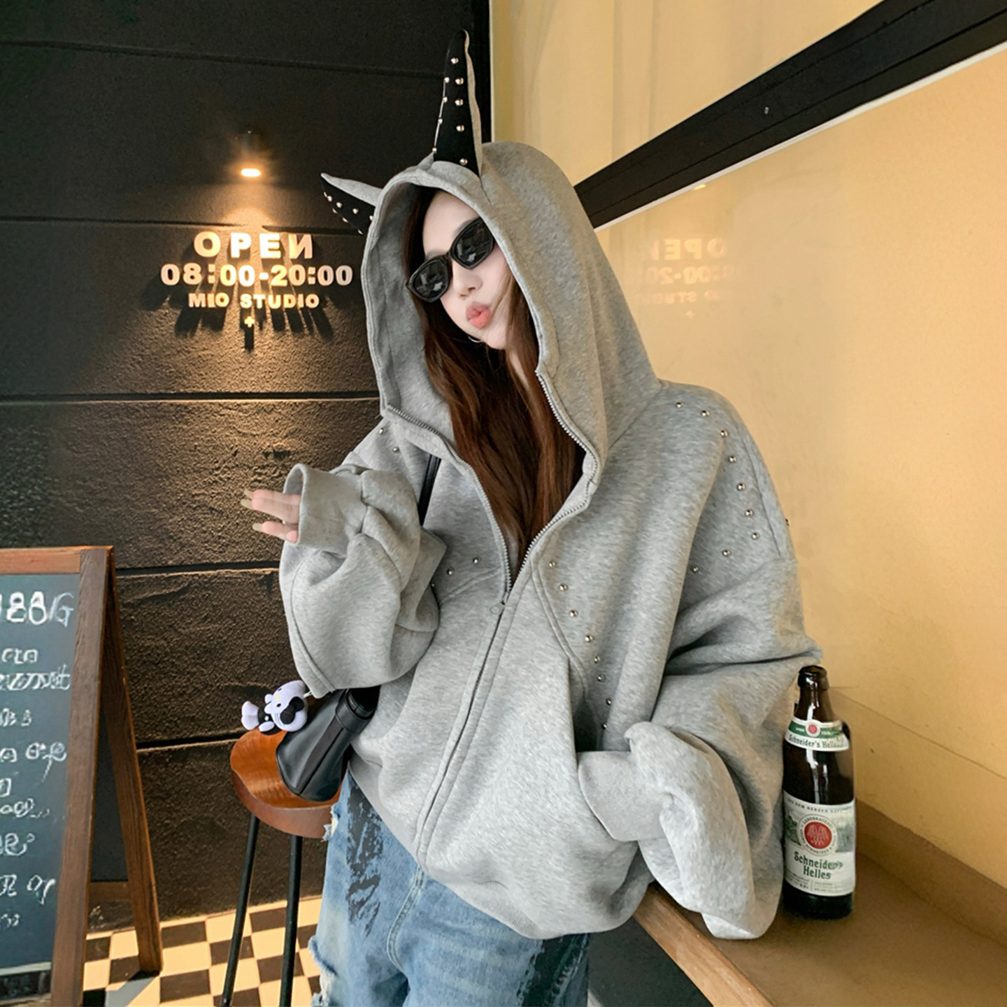 300斤大码女装灰色慵懒风开衫外套女胖mm小众高级感百搭连帽卫衣,女装/女士精品,常规大码外套,淘宝优惠券,粉丝福利购,淘宝优惠卷