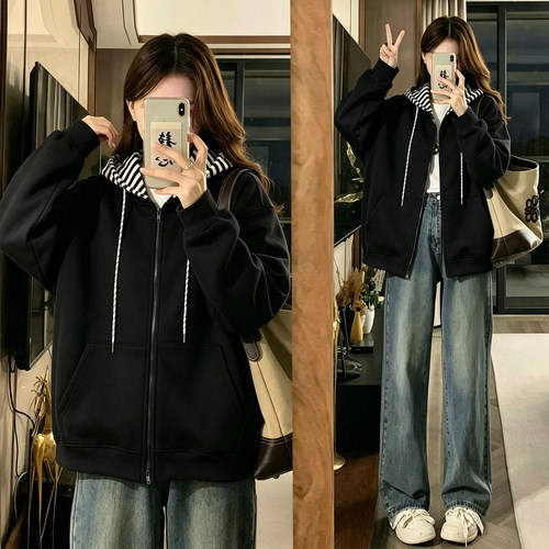 大码胖mm条纹百搭减龄休闲外套女