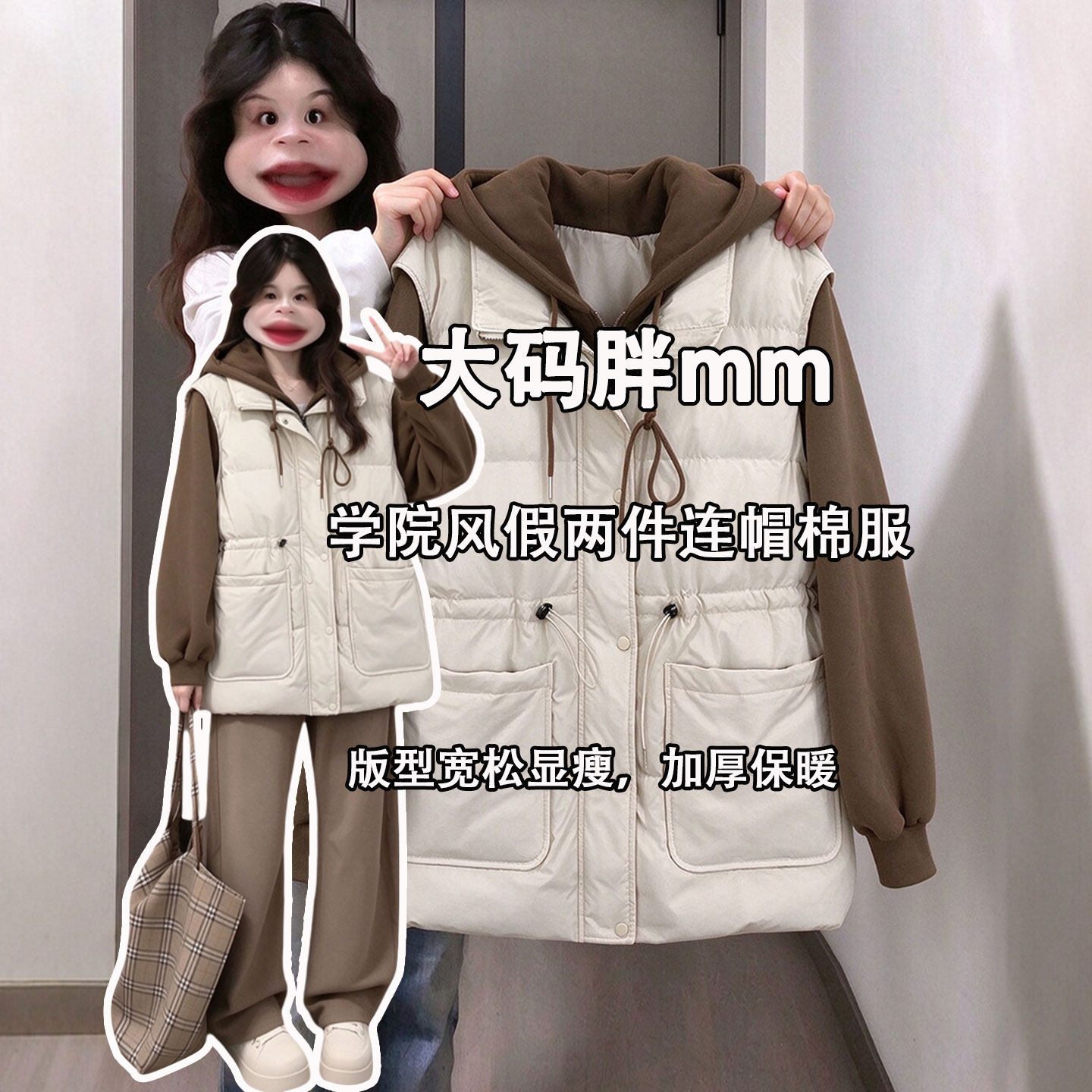 大码女装米白色假两件连帽棉服女秋冬胖mm设计感百搭加厚棉衣外套