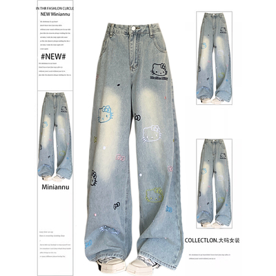 大码女装美式学院风减龄牛仔裤女