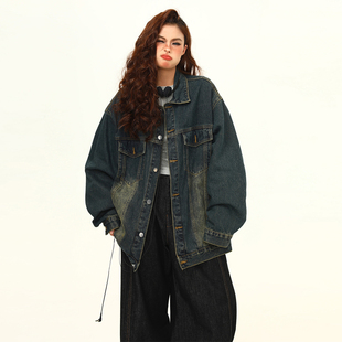 胖mm大码女装美式复古vibe风牛仔外套女秋冬新款宽松显瘦夹克上衣