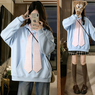 300斤大码 韩系学院风连帽卫衣女胖mm格子拼接宽松慵懒风上衣 女装