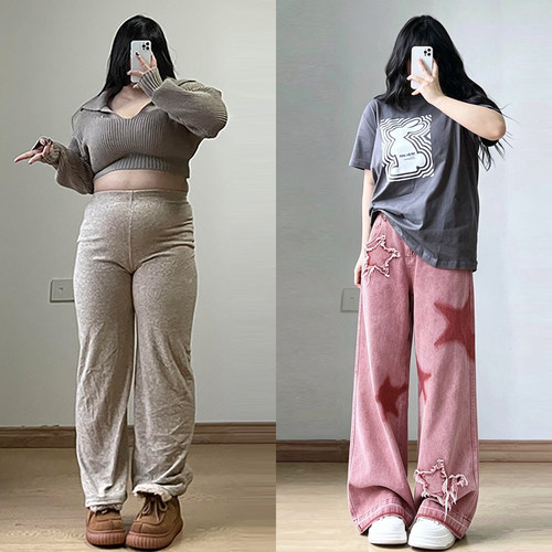 特大码女装美式复古宽松牛仔裤女