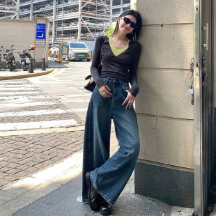 型超好看 蓝色版 牛仔裤 女梨形报恩裤 子 胖mm大码 不贴腿阔腿裤 女装