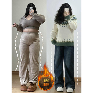 子宽松显瘦直筒女裤 胖mm大码 女秋冬保暖裤 复古水洗加绒牛仔裤 女装
