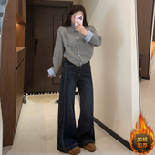女装 胖mm美式 复古加绒牛仔裤 特大码 女秋冬加厚显瘦弹力阔腿长裤 子