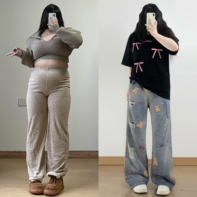 特大码女装梨型遮胯显瘦牛仔裤女
