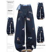 学生卡通小狗直筒裤 大码 子女 秋季 新款 女装 胖mm蓝色格子卷边牛仔裤