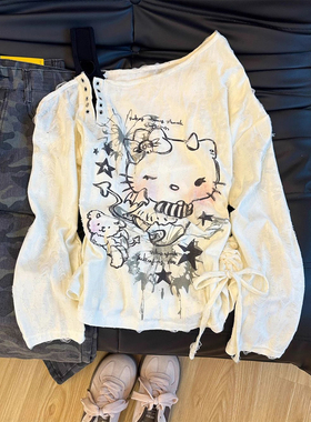 300斤特大码卡通印花长袖t恤女胖mm白色抽绳设计宽松显瘦斜肩上衣