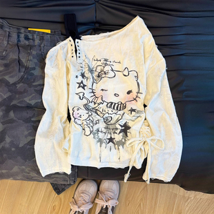 300斤特大码 t恤女胖mm白色抽绳设计宽松显瘦斜肩上衣 卡通印花长袖