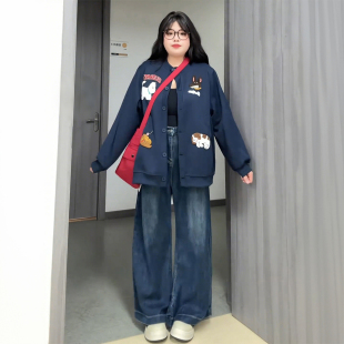 女装 减龄百搭显瘦开衫 胖mm韩版 外套女春季 卫衣 藏青色学生长袖 大码