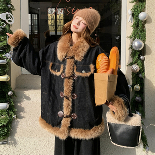 300斤大码女装小众设计感牛仔外套女胖mm宽松保暖加厚羊羔毛外套