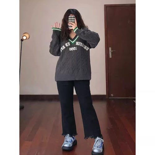 特大码美式黑色百搭直筒牛仔裤女