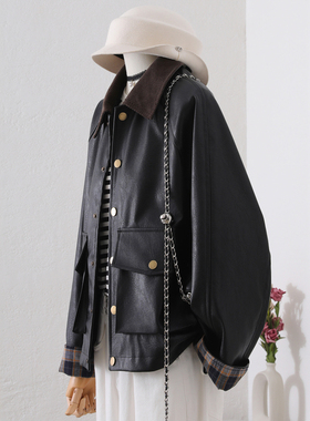 300斤特大码黑色高级感皮衣外套女胖mm黑色格子拼接百搭夹克上衣