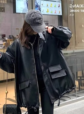 胖mm大码女装高街vibe风皮衣女设计感小众复古街头风外套黑色夹克
