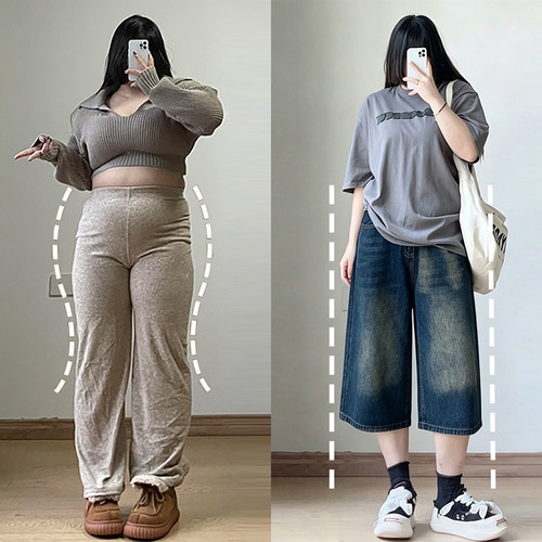 胖mm特大码女装水洗做旧七分裤女