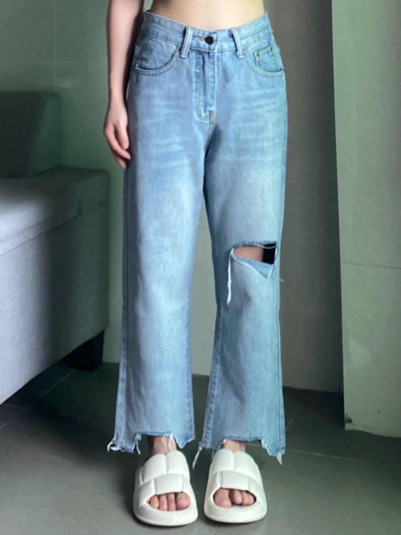 300 POUNDS EXTRA LARGE SIZE WOMENS CLOTHING THIN CROTCH BLACK CROPPED JEANS WOMENS FAT MM LOOSE INS RIPPED STRAIGHT PANTS